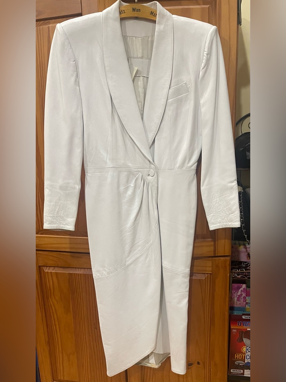 New! 1980s White Leather Shawl Collar Long Jacket
